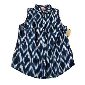 St Johns Bay Navy Ikat Sleeveless Button Down Shirt XS Cotton 845-1071-0034